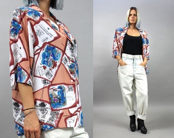 80s Postcard Novelty Print Blouse. Vintage EMILI Graphic Shoulder Padded Shirt . Large L