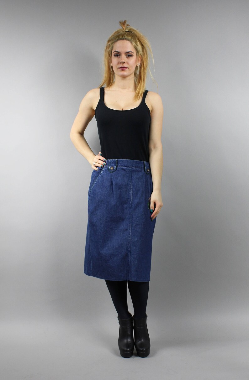 Bird Print Blue Denim Skirt Vintage Boho Preppy Denim Skirt Retro 70s Western Midi Skirt L Large Duck Embroidery Pencil Hippie Jean Skirt