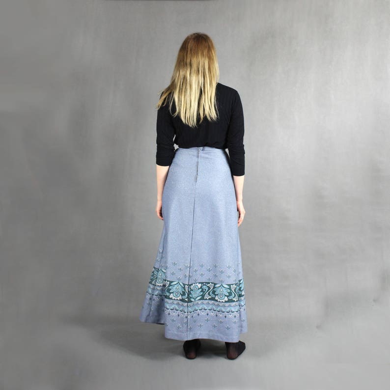 70s Vintage Gray Metallic Maxi Skirt Flared A-line Floor Length Boho Hippie Skirt Size M Floral Print Full Length Long High Waist Skirt