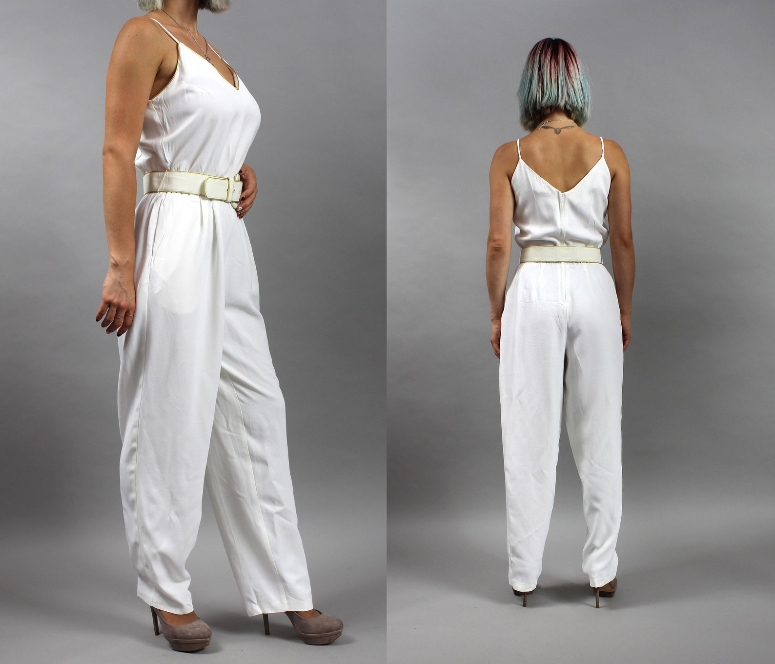 80s White Belted Wedding Jumpsuit with Blazer Pocketed