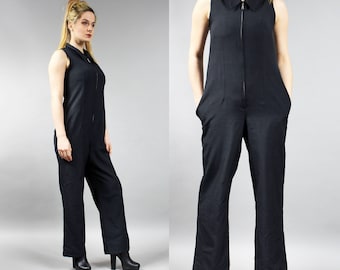 90s Black Jumpsuit . Sleeveless Mod Plaisuit . Vintage Palazzo Pants Onesie . Minimalist Women's Overalls Urban Black Dungarees Romper . S M