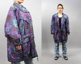 80s Floral Oversized Parka, Purple Baggy Coat Jacket, Large L