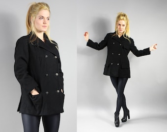 HETTEMARKS Black Wool Swing Double Breasted Coat, Vintage A line Overcoat, 90s Boho Casual Mod Winter Mini Jacket,  Work Formal Coat, S / M