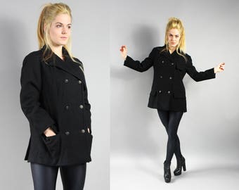 HETTEMARKS Black Wool Swing Double Breasted Coat, Vintage A HETTEMARKS Black Wool Swing Double Breasted Coat, Vintage A