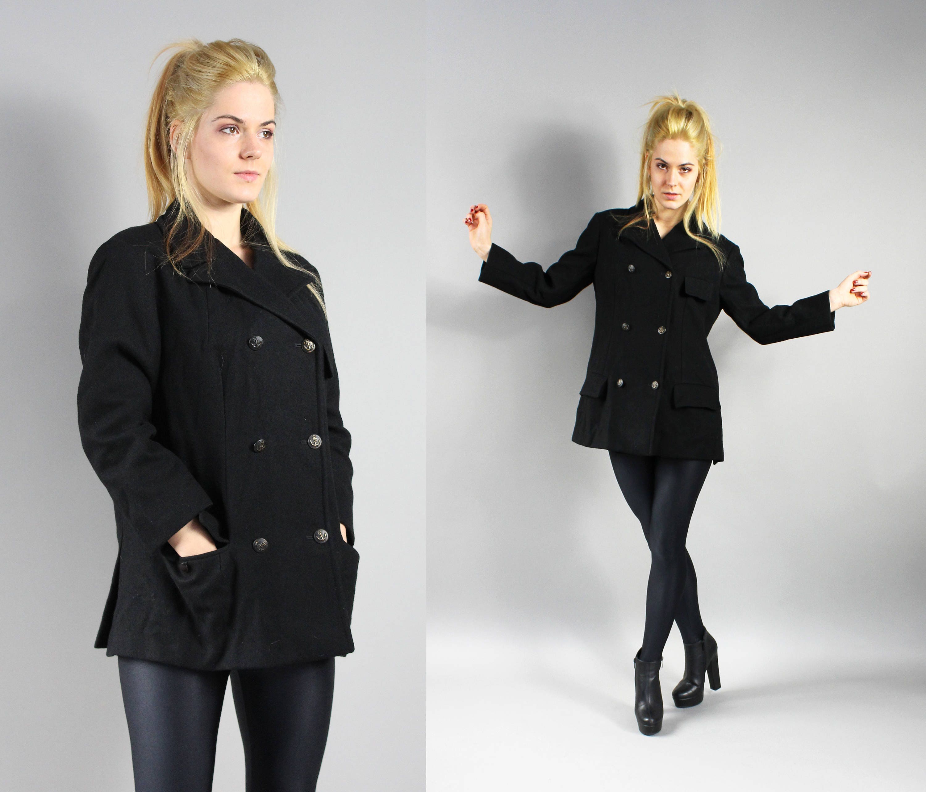 HETTEMARKS Black Wool Swing Double Breasted Coat, Vintage A HETTEMARKS Black Wool Swing Double Breasted Coat, Vintage A