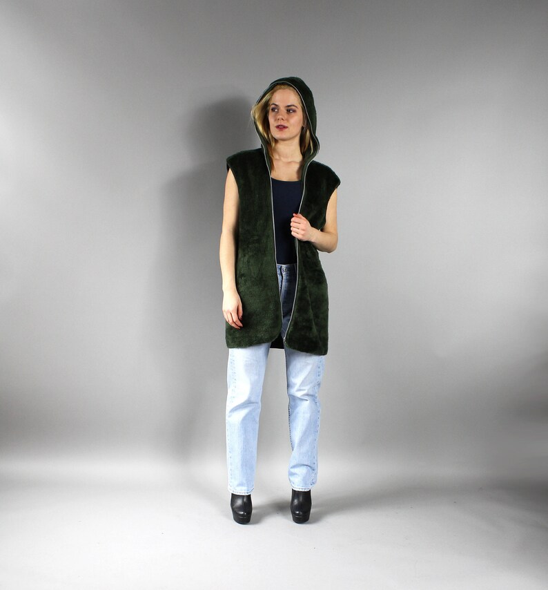 Vintage Urban Moss Green Jacket Avant Garde Cropped Sleeveless Warm Blazer top Sz L 90s Fluffy Faux Fur Hooded Waistcoat Long Hoodie Vest