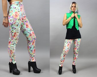 90s Colorful Floral Denim Tights . Vintage Rave Jeans Leggings . S - M