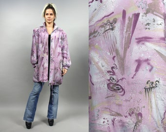 Vintage 80s Lightweight Parka Jacket, Abstract Print Lilac Coat, Oversized Long Outerwear Autumn Jacket, Medium M