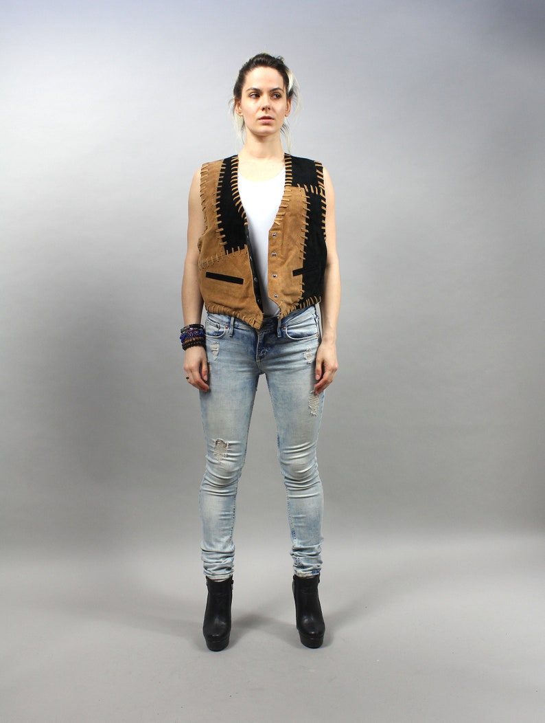 Southwestern Genuine Leather Waistcoat Vintage Patchwork Suede Cowgirl Vest Large L