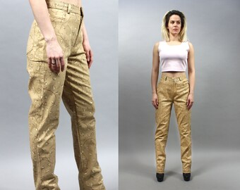 Vintage Beige Floral Straight Leg Jeans, Stretchy Summer Brown Bohemian Denim Pants, Medium M