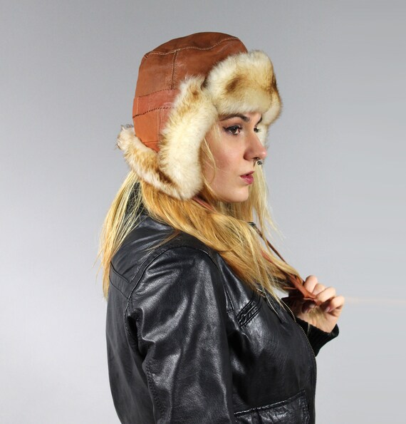 80s Faux Fur Trimmed Leather Trapper Hat, Ushanka… - image 5