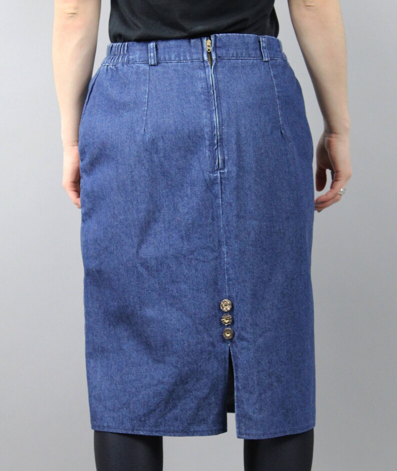 Bird Print Blue Denim Skirt Vintage Boho Preppy Denim Skirt Retro 70s Western Midi Skirt L Large Duck Embroidery Pencil Hippie Jean Skirt