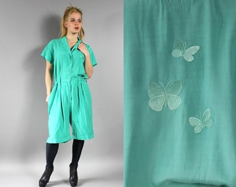 80s Green Butterfly Embroidered Romper Onesie . Summer One Piece Playsuit  . Shorts Jumpsuit Retro Hipster 1980s Vintage Dungarees . L Large