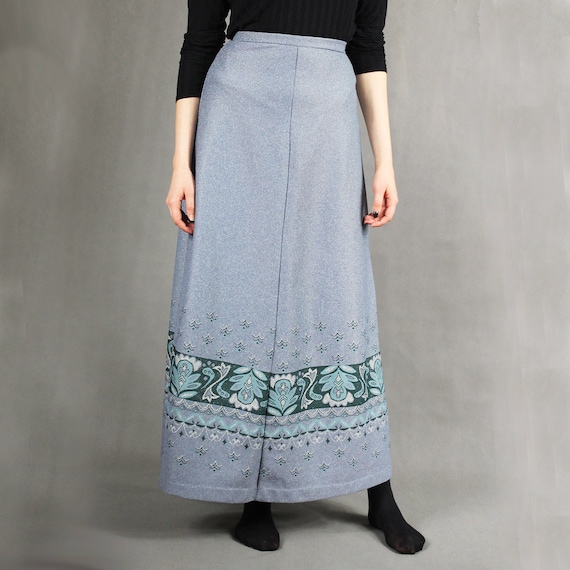 70s Vintage Gray Metallic Maxi Skirt, Floral Print