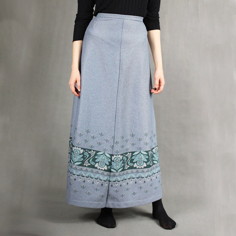 70s Vintage Gray Metallic Maxi Skirt Flared A-line Floor Length Boho Hippie Skirt Size M Floral Print Full Length Long High Waist Skirt