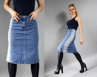 Vintage Acid Wash Blue Denim Pencil Skirt, Midi 90s Wiggle Jean Skirt, Size S