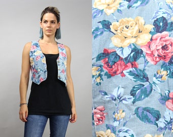 90s Floral Crop Denim Vest . Vintage Light Blue Jean Waistcoat . XS / S