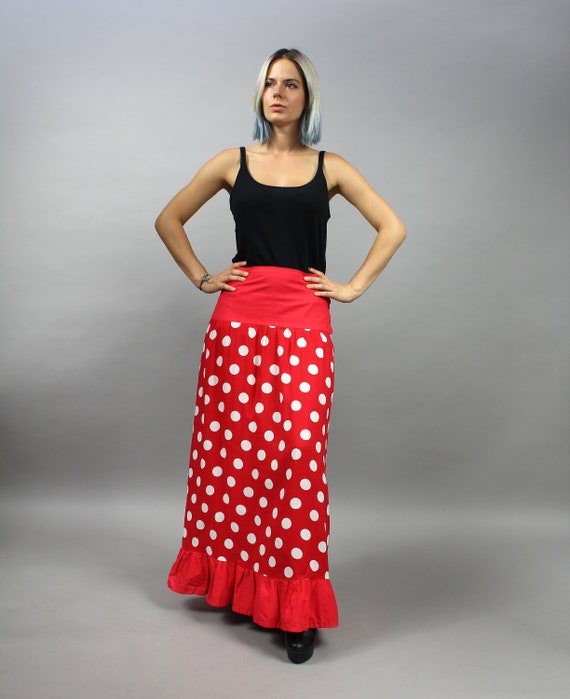 70s Polka Dots Maxi Red Skirt, Floor Vintage Leng… - image 2