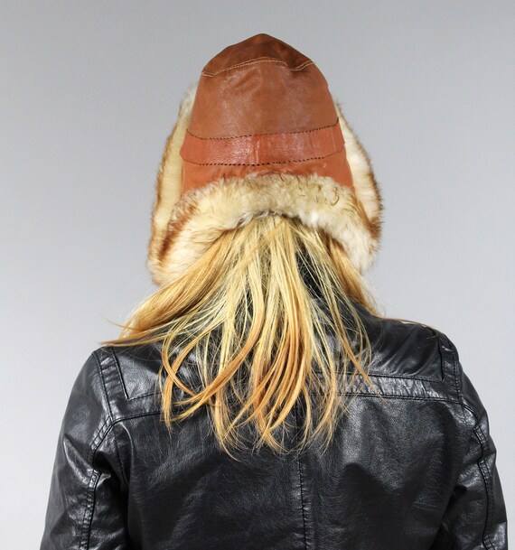 80s Faux Fur Trimmed Leather Trapper Hat, Ushanka… - image 6