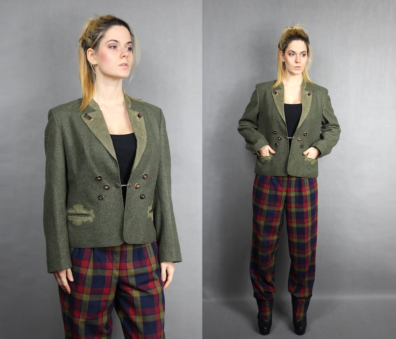 Folk style Countryside German Blazer 80s Khaki Trachten Jacket Bavarian Embroidered Top L Retro 1980s Vintage Warm Wool Short Fitted Coat