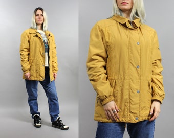 90s RUKKA Yellow Warm Midi Coat. Vintage Lightweight Athletic Parka Jacket, Medium M