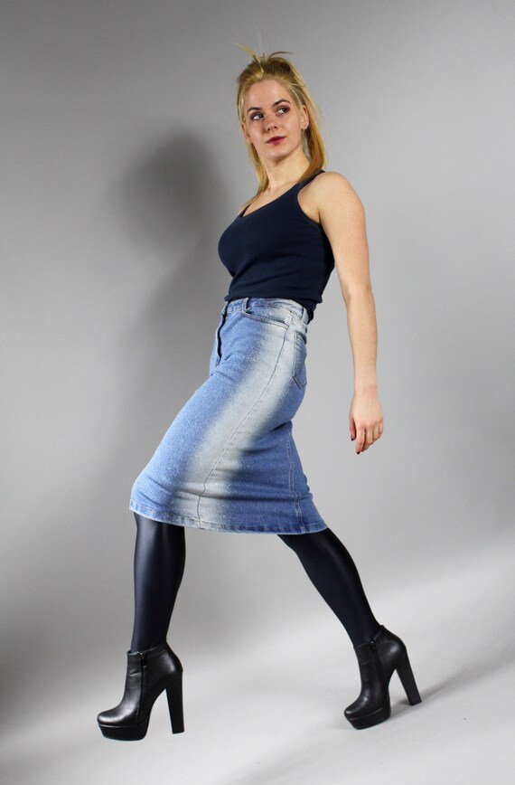 Vintage Acid Wash Blue Denim Pencil Skirt Midi 90s Wiggle Jean Skirt Size S Etsy