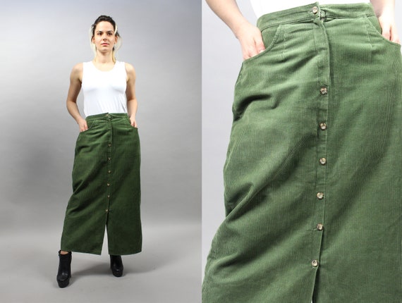 90s Maxi Corduroy Khaki Skirt. Vintage Como Mod Lo