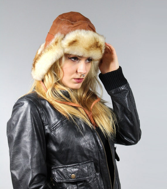 80s Faux Fur Trimmed Leather Trapper Hat, Ushanka… - image 1
