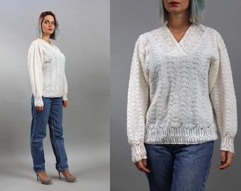 80s Mod Handknit White Wool Lacy Sweater. Warm Thin Lace Knit Minimalist Pullover. M Medium