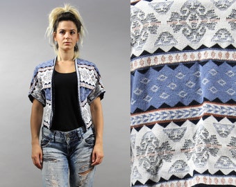 Vintage Boho Aztec Print Crop Knit Jacket Shrug, S