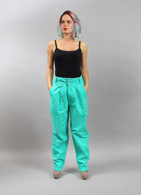 Vintage 80s Baggy High Waist Green Pants. Tapered Retro Moms Baggy