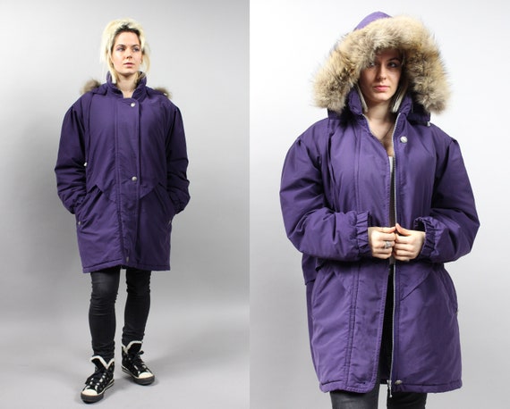 80s Winter Hodded Fur Trim Puffer Parka Coat, L