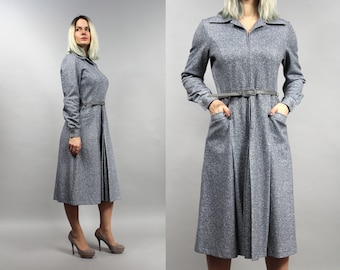 Wool Blend Minimalist Gray Dress. Vintage Belted Mod Secretary Dress with Pockets, Office Formal Dress, Medium M