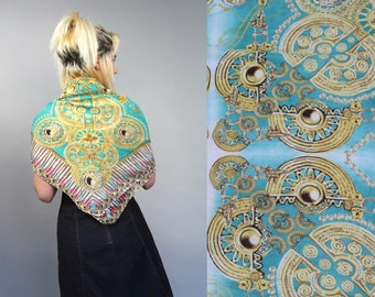 90s Large Baroque Print Scarf, Oversized Paisley Blue Boho Beach Wrap Scarf