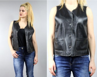 90s Real Leather Rocker Biker Vest for Women, Medium M