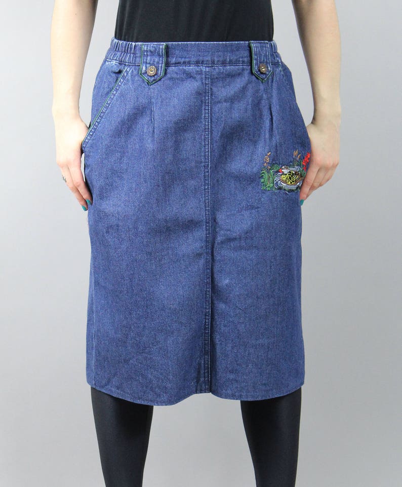 Bird Print Blue Denim Skirt Vintage Boho Preppy Denim Skirt Retro 70s Western Midi Skirt L Large Duck Embroidery Pencil Hippie Jean Skirt