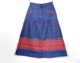 Vintage Maxi Denim Skirt with Pockets. Bohemian Embroidered Western Flare Jean Skirt. S to M
