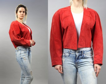 80s Red Crop Suede Leather Jacket for Woman, Extravagant Cropped Boxy Blazer, Medium M