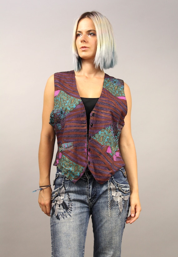 90s Paisley Abstract Print Hipster Fitted Womens … - image 2