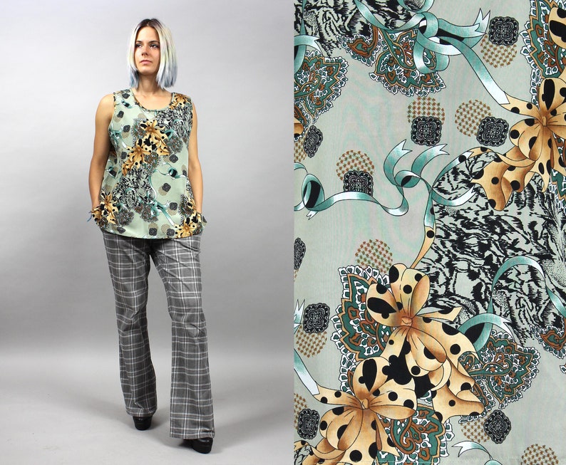 M L Vintage Bow Floral Print Casual Boho Summer Tee Top 90s Novelty Khaki Loose Mod Blouse