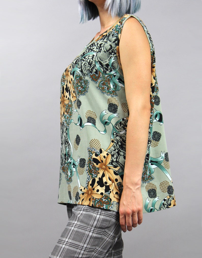 M L Vintage Bow Floral Print Casual Boho Summer Tee Top 90s Novelty Khaki Loose Mod Blouse