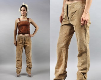 80s Brown Soft Suede Leather Boho or Rocker Pants, Medium M