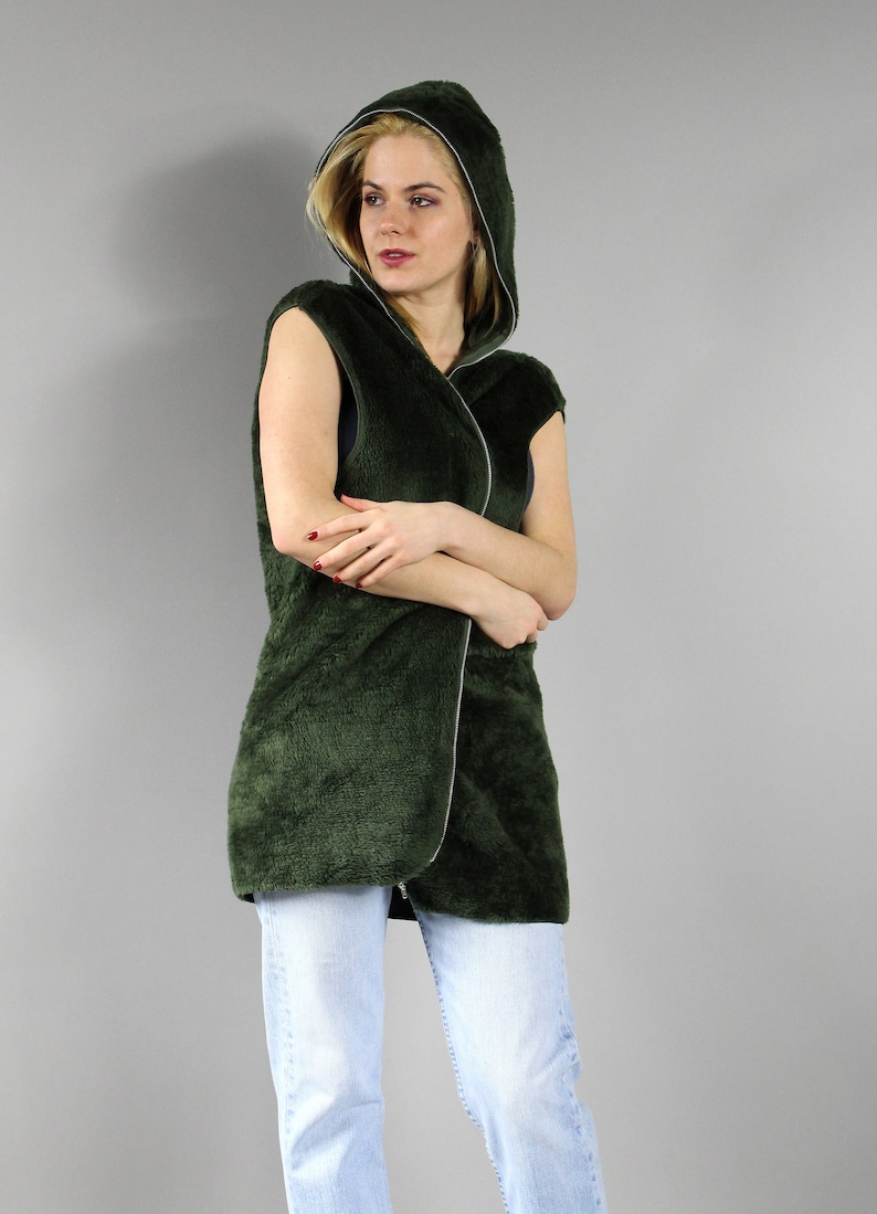 Vintage Urban Moss Green Jacket Avant Garde Cropped Sleeveless Warm Blazer top Sz L 90s Fluffy Faux Fur Hooded Waistcoat Long Hoodie Vest