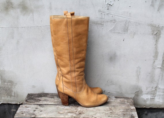 90s Tan Brown Leather High Calf Boots, High Heel … - image 1