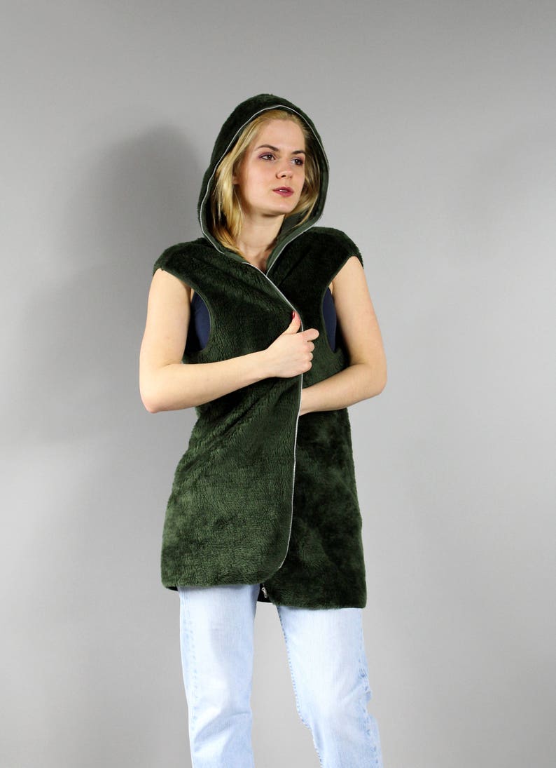 Vintage Urban Moss Green Jacket Avant Garde Cropped Sleeveless Warm Blazer top Sz L 90s Fluffy Faux Fur Hooded Waistcoat Long Hoodie Vest