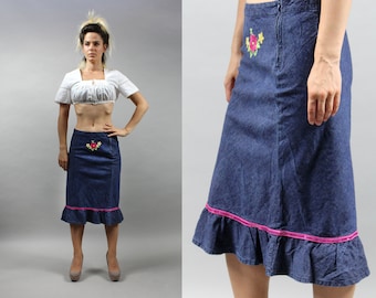 Vintage Embroidered Denim Pencil Skirt, Ruffle Irregular Jeans Skirt, M