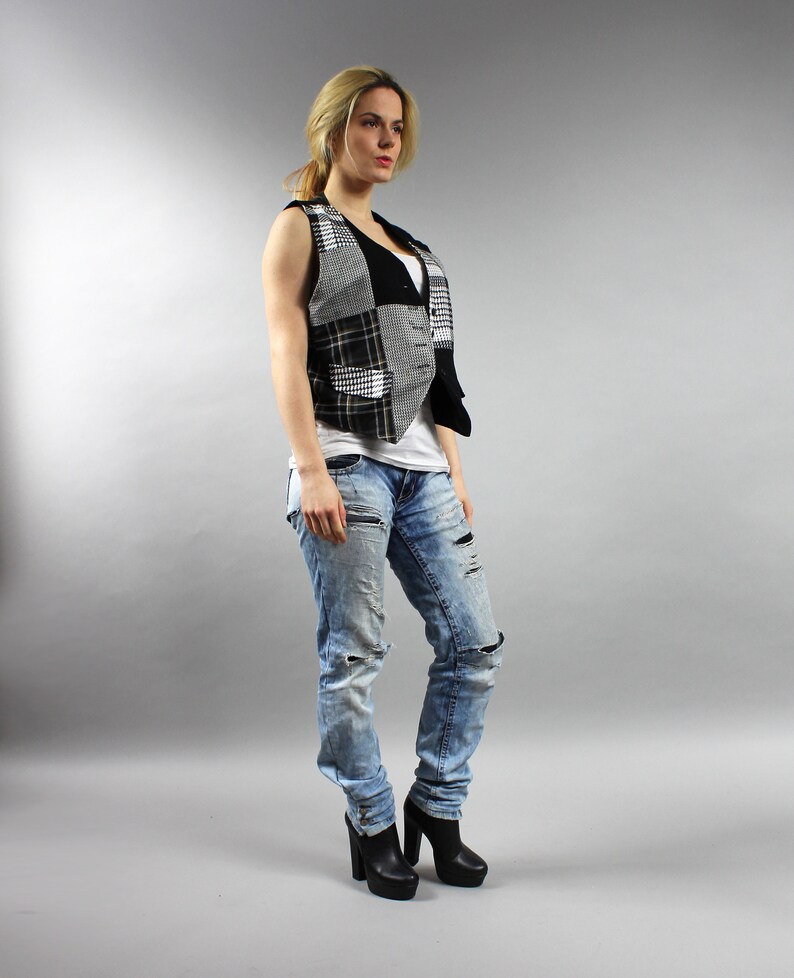 Steampunk Goth Button Down Cropped Sleeveless Jacket Petite Vest M Vintage Grunge Black White Gilet 90s Black Patchwork Plaid Crop Vest