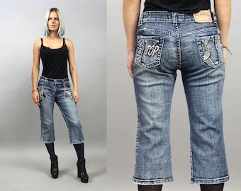 90s Distressed Denim Capris Jeans, Vintage Embroidered Stretcy Breeches, Grunge Capri Jeans, L Large