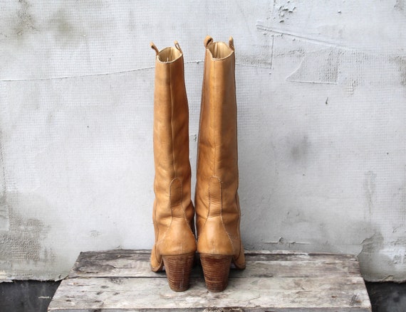 90s Tan Brown Leather High Calf Boots, High Heel … - image 7