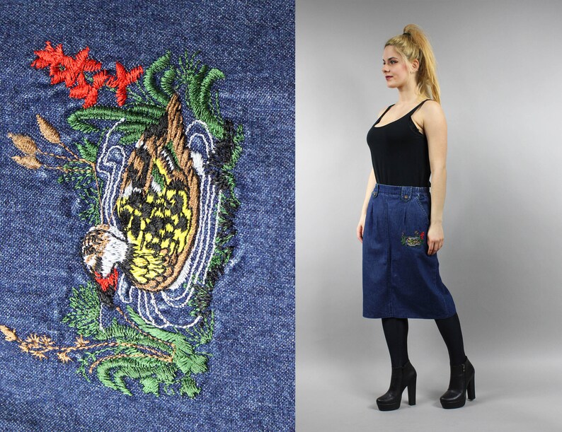 Bird Print Blue Denim Skirt Vintage Boho Preppy Denim Skirt Retro 70s Western Midi Skirt L Large Duck Embroidery Pencil Hippie Jean Skirt